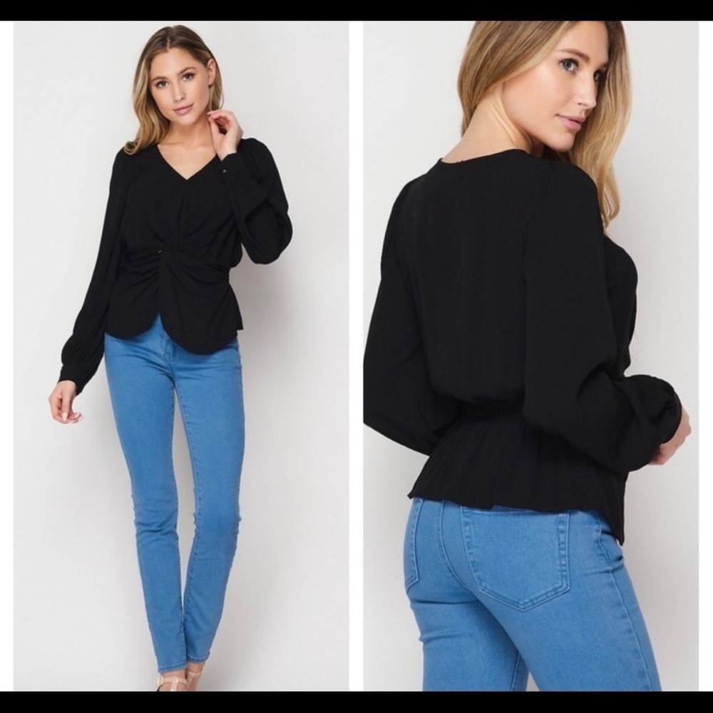 New! Sale 🔥 Black Peplum Long Sleeve V-Neck Twist Front Top